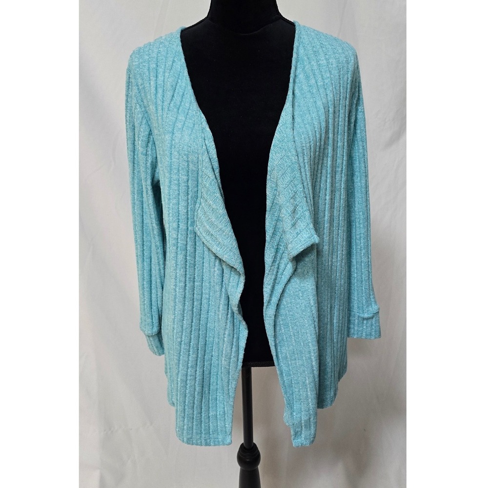 Soft Surroundings ribbed open front waterfall cardigan women PM Turquoise